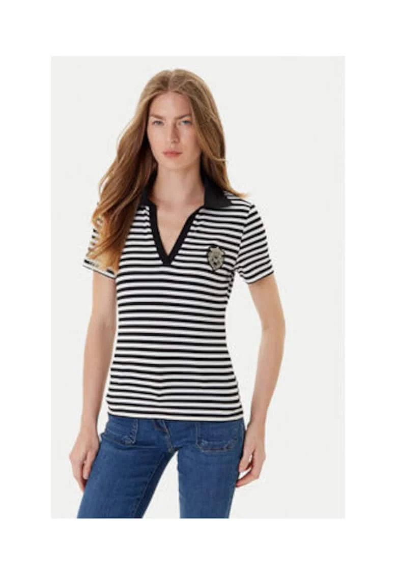 Tricou polo dama,  Negru/Alb, Viscoza/Poliester,
