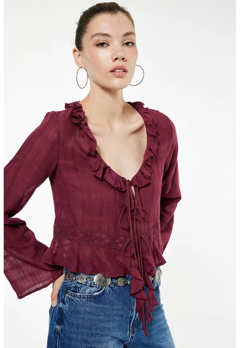 Bluza crop cu volane, Rosu inchis