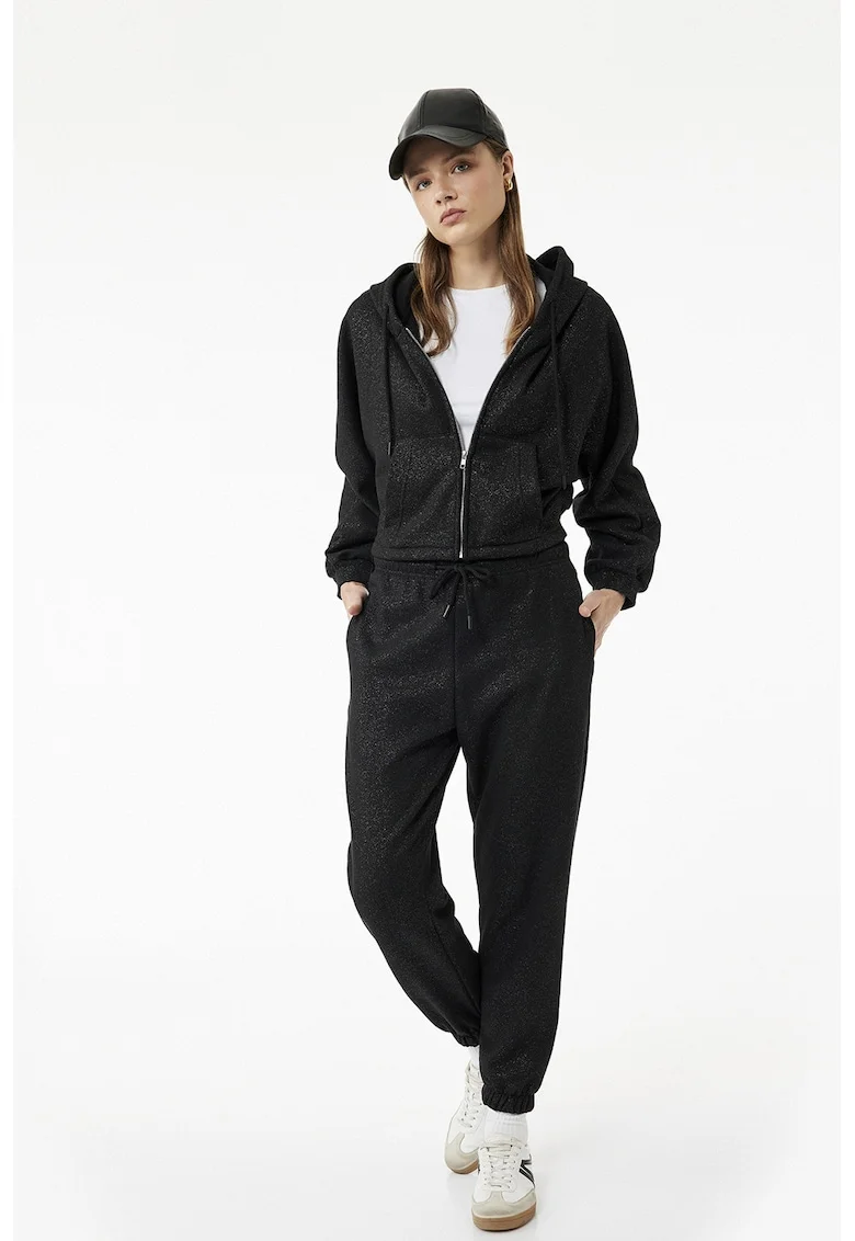 Pantaloni de trening relaxed-fit cu design cu aspect stralucitor, Negru