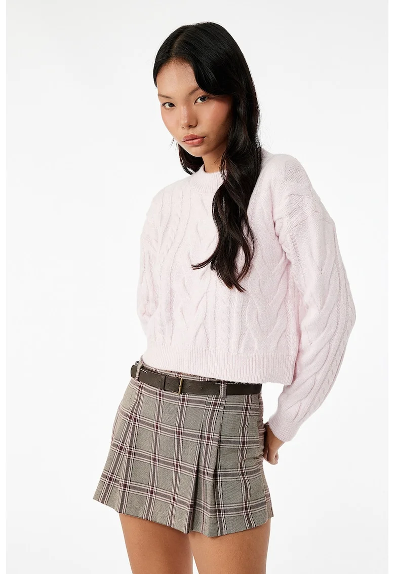 Pulover crop cu decolteu la baza gatului, Roz pastel