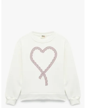 Bluza de trening cu model inima, Alb fildes/Roz prafuit
