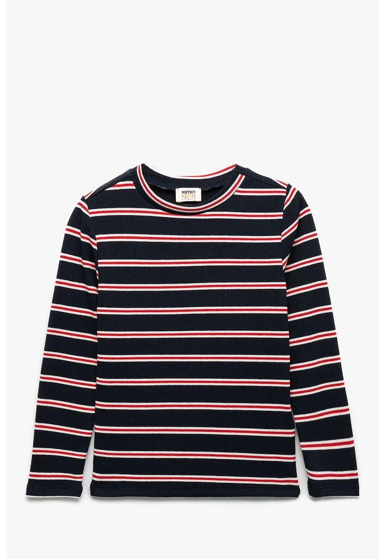 Bluza cu decolteu rotund si model in dungi, Rosu/Alb/Negru