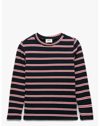 Bluza cu decolteu rotund si model in dungi, Rosu/Alb/Negru
