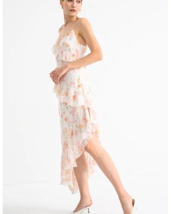 Rochie asimetrica cu model floral, Alb/Verde/Roz