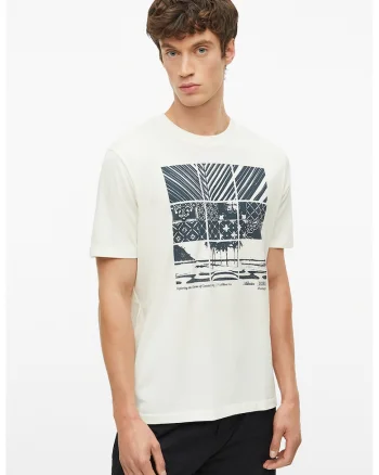 Tricou cu decolteu la baza gatului si imprimeu grafic, Alb murdar