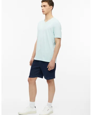 Tricou de bumbac cu decolteu in V, Albastru azur
