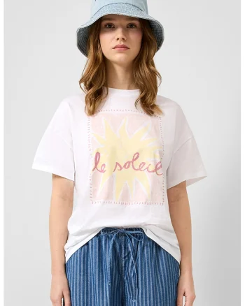 Tricou lejer cu imprimeu grafic si text, Alb/Galben/Roz