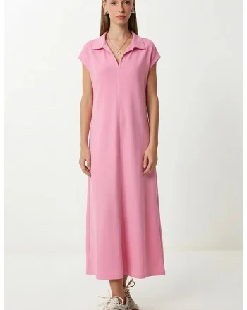 Rochie Midi Happiness Istanbul, Casual, roz, Buzunar, 95% bumbac