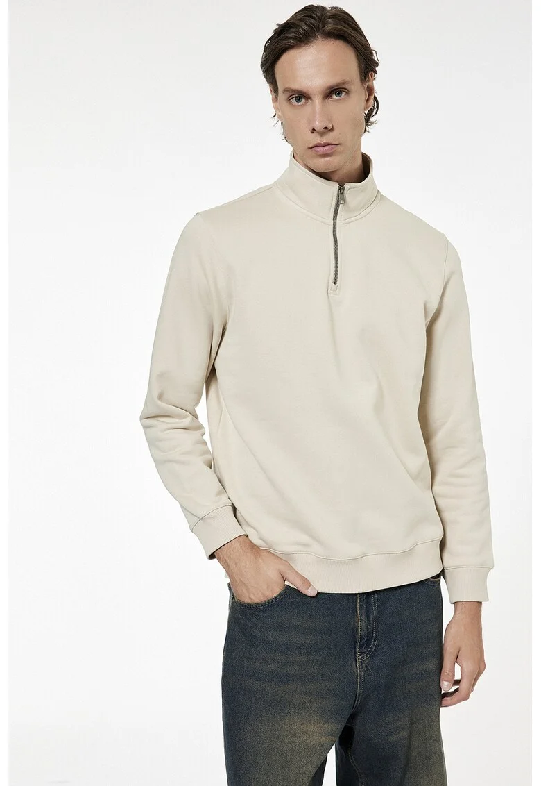 Bluza de trening cu fenta cu fermoar si model uni, Alb fildes