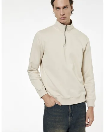 Bluza de trening cu fenta cu fermoar si model uni, Alb fildes