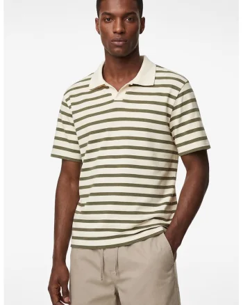 Tricou cu model in dungi si guler polo, Kaki inchis/Crem