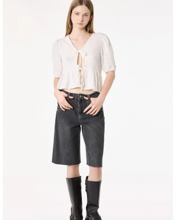 Bluza crop cu maneci bufante, Alb fildes