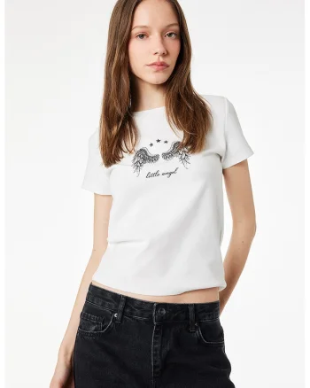 Tricou cu imprimeu si decolteu la baza gatului, Ecru/Negru carbon
