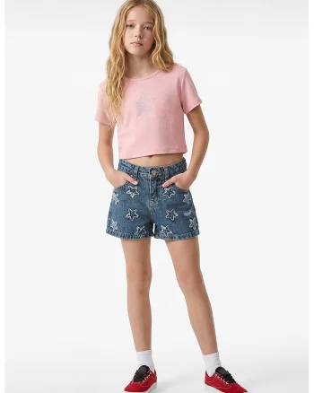 Tricou crop cu strasuri, Roz deschis/Argintiu