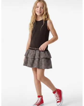 Rochie in carouri cu model 2 in 1, Maro inchis/Alb murdar