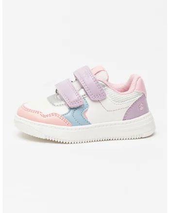 Pantofi sport de piele ecologica cu velcro, Alb/Violet deschis/Piersica
