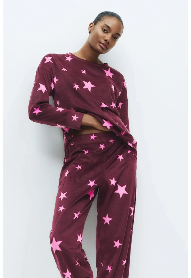 Pijama cu aspect de catifela cu model, Violet tyrian/Roz