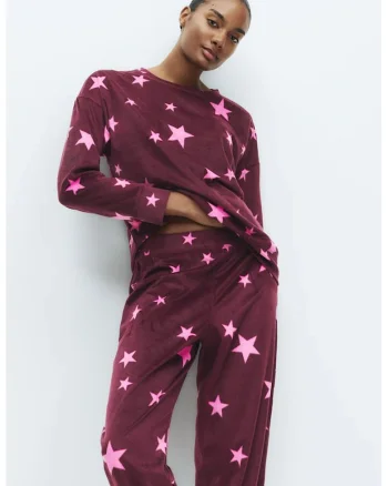 Pijama cu aspect de catifela cu model, Violet tyrian/Roz