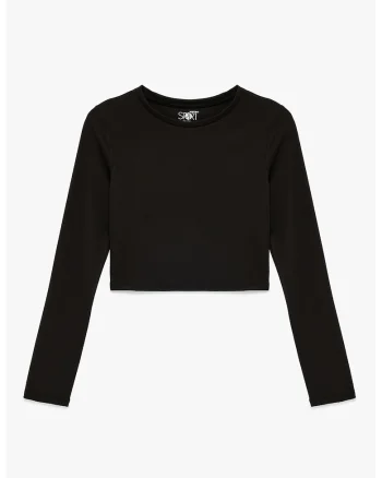 Bluza crop cu decolteu rotund, Negru