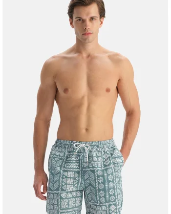 Pantaloni scurti de baie cu model grafic, Alb optic/Albastru petrol