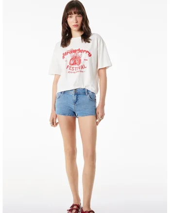 Tricou de bumbac cu imprimeu cu capsune, Alb/Rosu mac