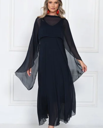 Capa dama din matase si vascoza tip kimono, croi fluid pentru layering, bleumarin