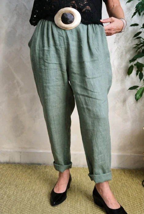 Pantaloni de vara din in, croi pana, cu siret in talie, kaki