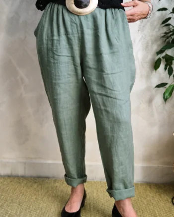 Pantaloni de vara din in, croi pana, cu siret in talie, kaki