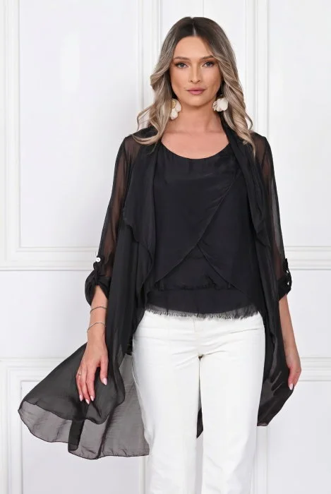 Blazer dama midi din matase tip kimono, croi fluid pentru layering, negru