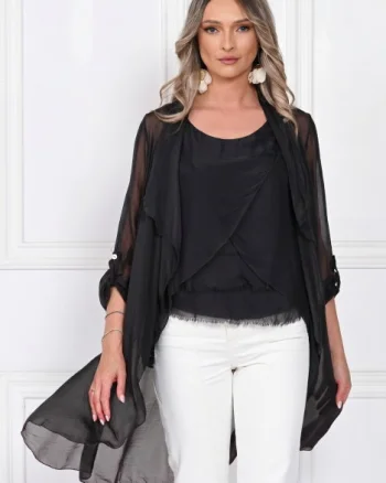 Blazer dama midi din matase tip kimono, croi fluid pentru layering, negru