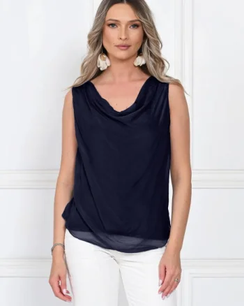 Top dama elegant lejer cu decolteu drapat si croi fluid, negru