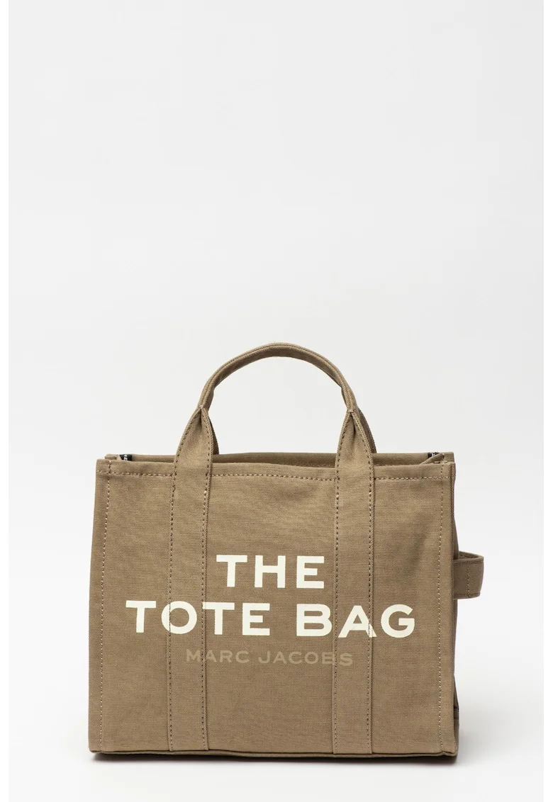 Geanta tote medie cu imprimeu logo si bareta detasabila The Canvas, Alb/Kaki, 27x32.5x12