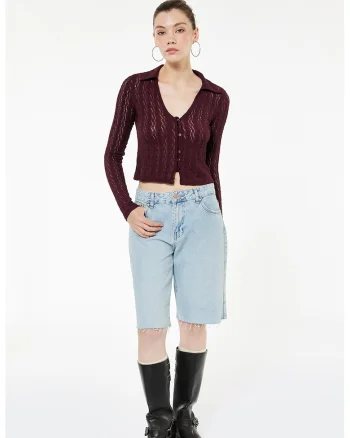 Cardigan crop cu nasturi, Violet pruna