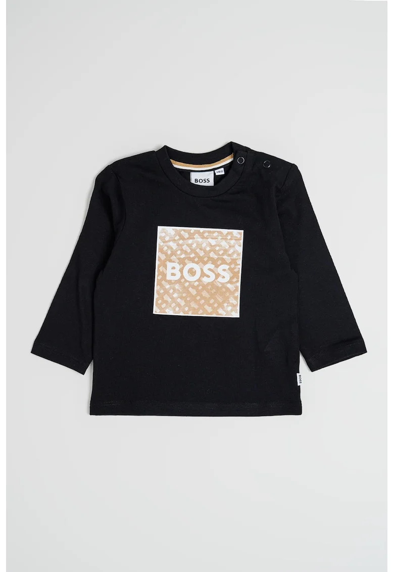 Bluza de bumbac cu decolteu la baza gatului si logo, Negru/Maro deschis