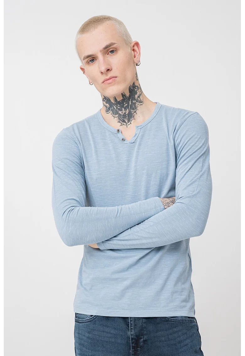 Jack&Jones, Bluza henley slim-fit de bumbac, Albastru glaciar
