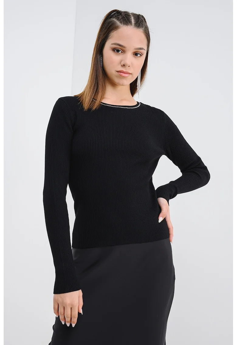 Pulover slim fit cu decolteu la baza gatului si striatii, Negru/Argintiu