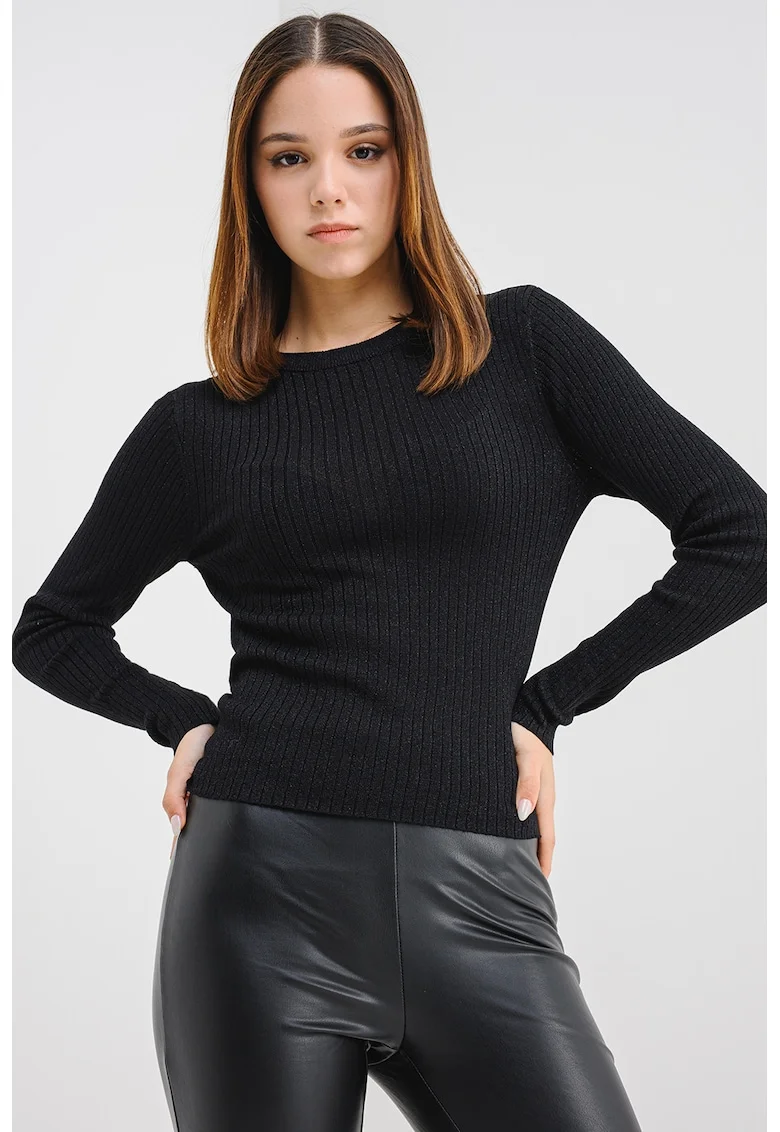 Pulover slim fit cu striatii si detalii stralucitoare, Negru melange