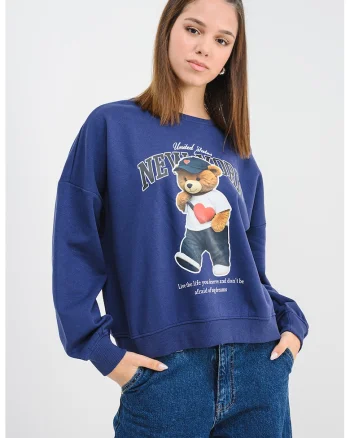 Bluza de trening din amestec de bumbac cu imprimeu cu ursulet, Alb/Negru/Bleumarin