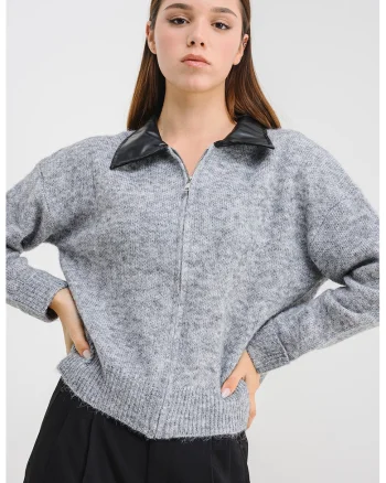 Cardigan din amestec de lana cu fermoar si maneci cazute, Gri melange