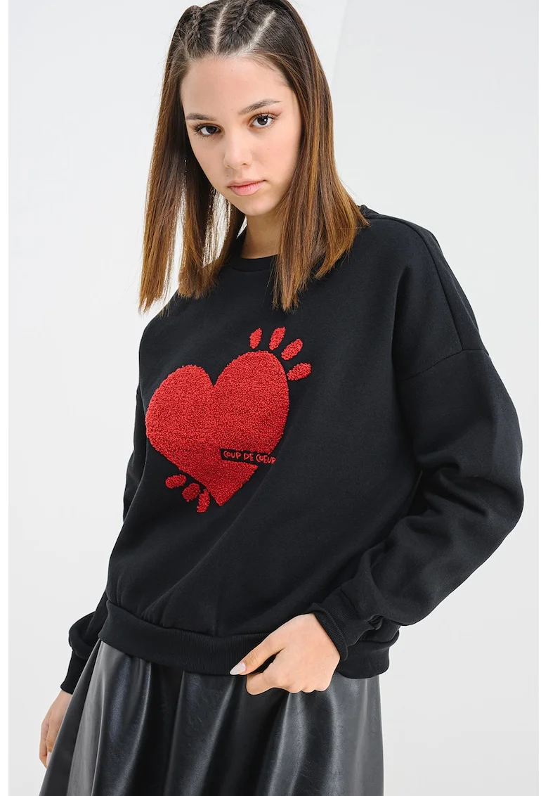 Bluza de trening cu croiala lejera si aplicatie inima, Rosu/Negru