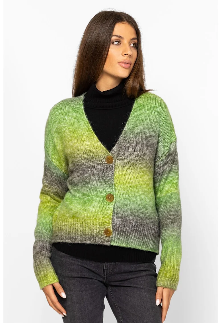 Cardigan cu model tie-dye si decolteu in V, Verde/Gri inchis