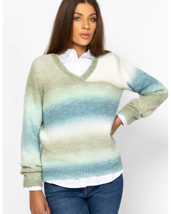 Pulover tricotat cu model si decolteu in V, Alb fildes/Albastru inchis/Kaki