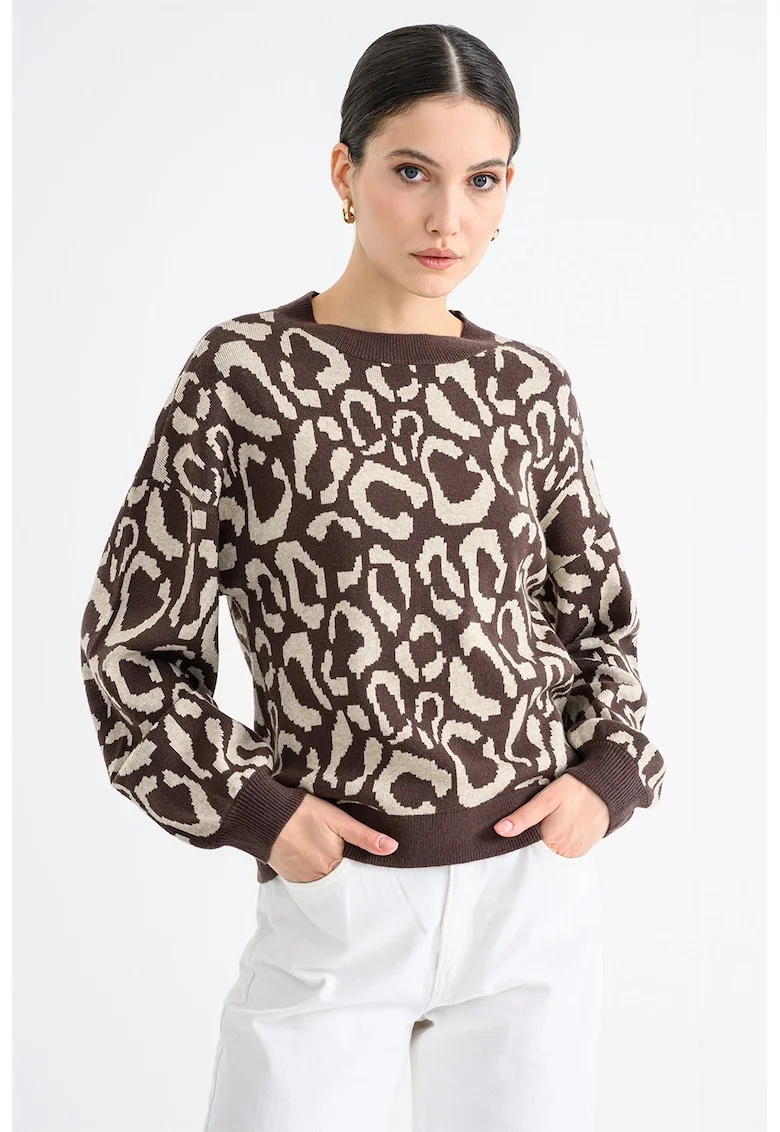 Pulover cu maneci cazute si animal print, Maro inchis/Bej