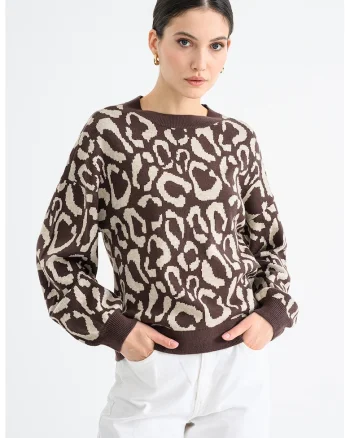 Pulover cu maneci cazute si animal print, Maro inchis/Bej