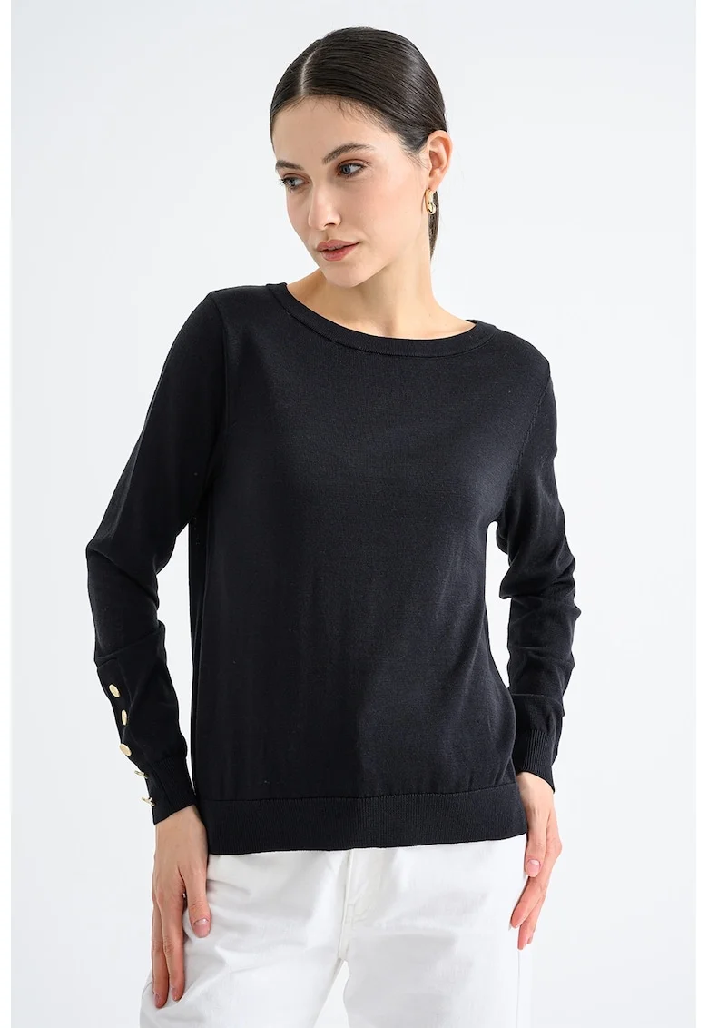 Pulover tricotat fin cu decolteu rotund, Negru