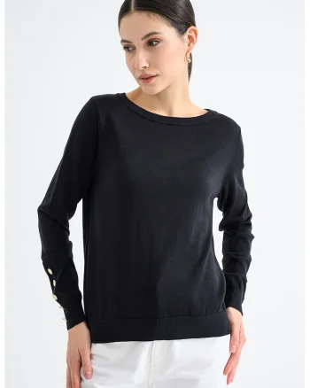 Pulover tricotat fin cu decolteu rotund, Negru
