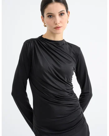 Bluza cu design drapat si decolteu la baza gatului, Negru