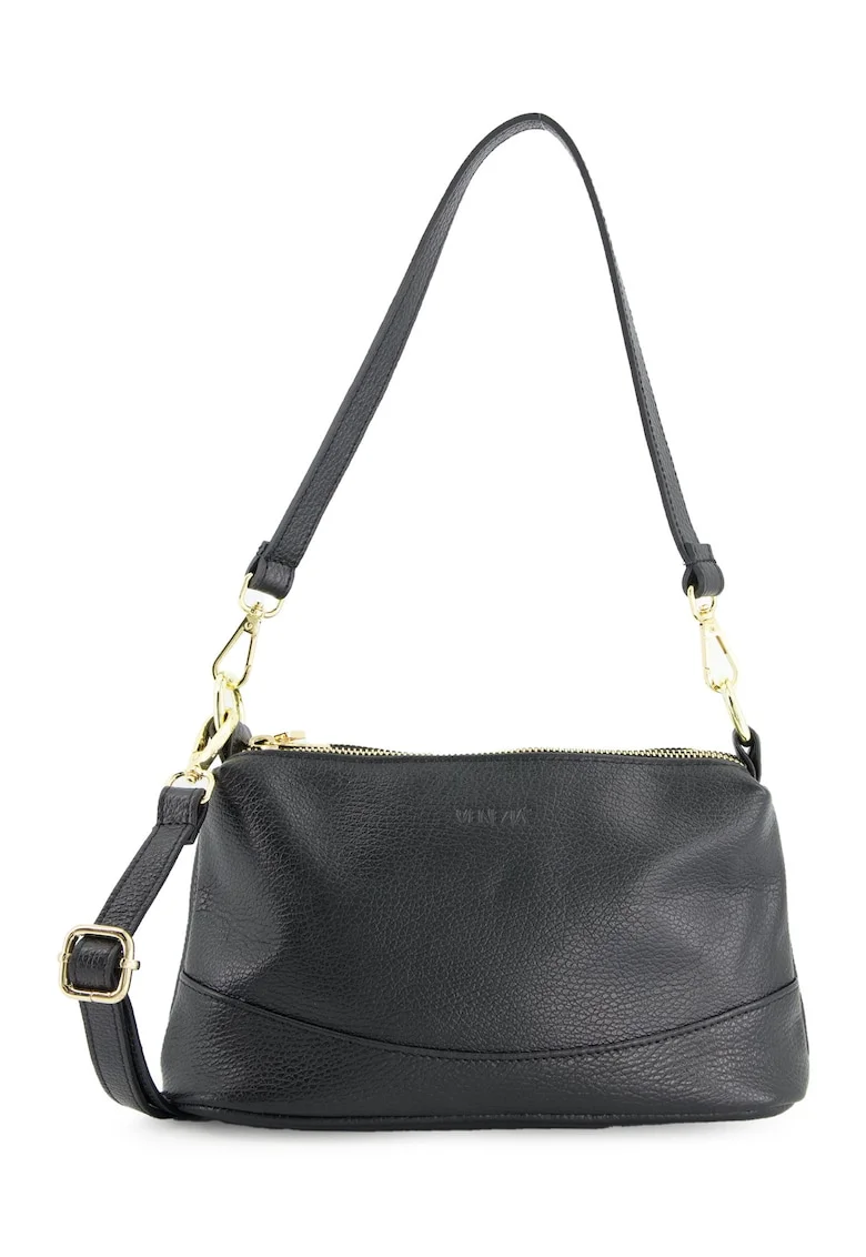 Geanta de umar,  piele naturala, neagra, 16x26x10cm, 3 compartimente, detalii aurii