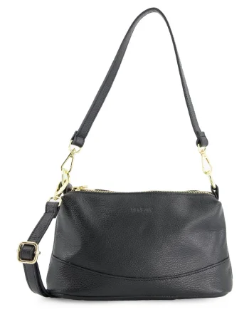 Geanta de umar,  piele naturala, neagra, 16x26x10cm, 3 compartimente, detalii aurii