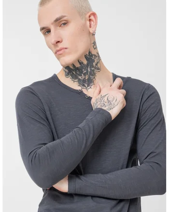 Jack&Jones, Bluza henley slim-fit de bumbac, Gri inchis